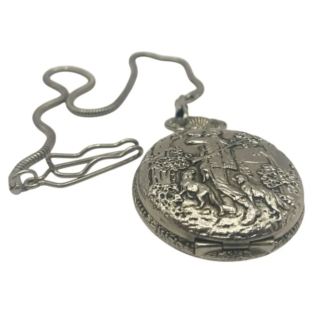 Vintage Unitron Silver Tone Quartz Pocket Watch Hunting Scene New Battery